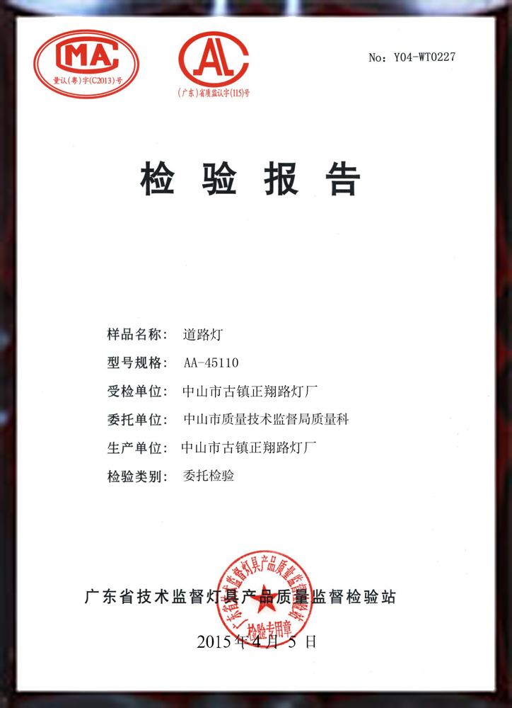 正翔户外照明道路灯检验报告